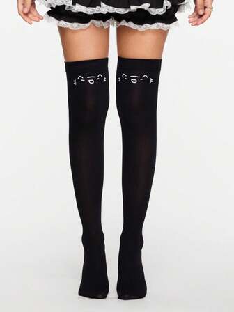 1 par de calcetines altos hasta el muslo de mujer de color blanco sólido con diseño de cara de gato kawaii, moda simple y personalizada, adecuados para combinar con faldas de estilo anime JK, atuendos diarios, compras, escuela, etc.