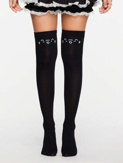 1 Paar weiße, süße, kawaii Katzengesicht einfarbige, modische personalisierte Damen Oberschenkel-Hohe Socken, geeignet für Anime JK Rock Kombinationen, Alltags-Outfits, Einkaufen, Schule, usw.