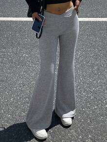 DAZY 女式交叉腰喇叭腿运动裤 - 灰色 - 查看 1