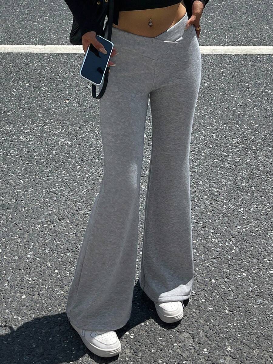 DAZY 女式交叉腰喇叭腿运动裤 - 灰色 - 查看 1