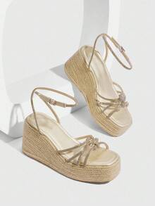 CUCCOO SZL Women's Wedge Thick Bottom Jute Rope Rhinestone Sandals - Gold - View 2