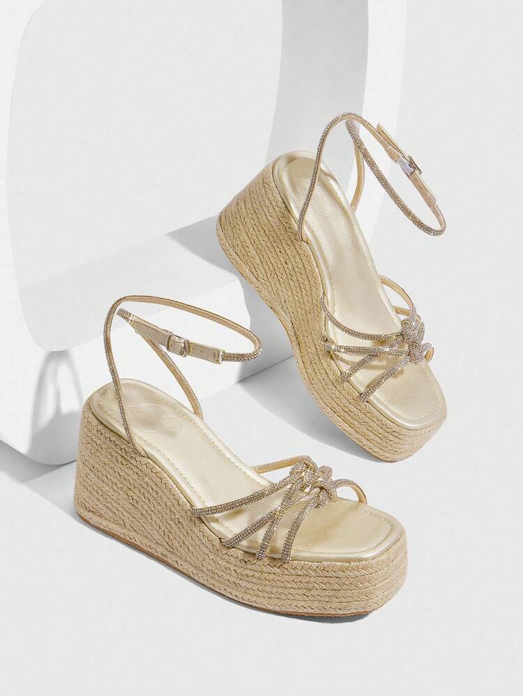 CUCCOO SZL Women's Wedge Thick Bottom Jute Rope Rhinestone Sandals