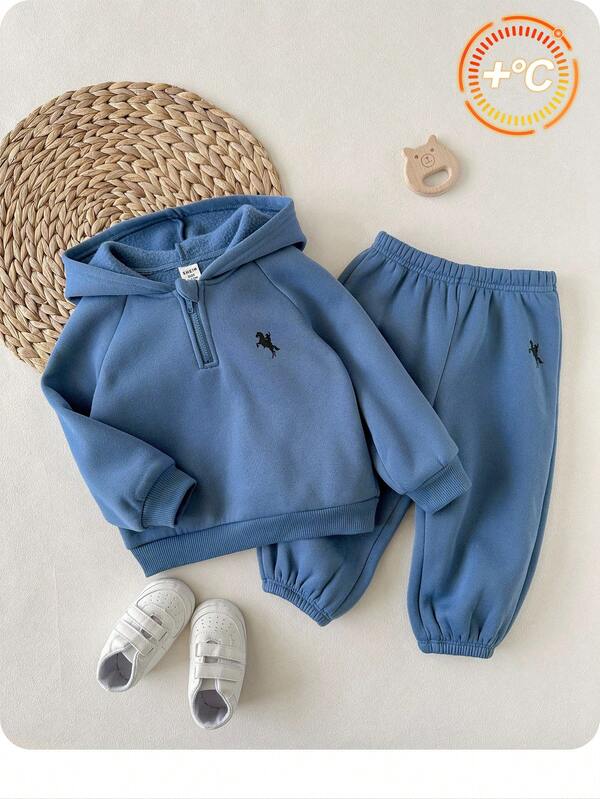 Baby Boy Casual Cute Versatile Knit Blue Hoodie Sweatshirt And Elastic Waist Pants Set Fall Winter