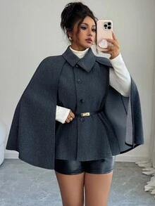 Rafferiza Manteau châle en tweed de couleur unie avec ceinture Shein Raffinea 2025, automne pour femmes, convient pour les sorties et les fêtes en automne et en hiver - Gris foncé - Voir 4