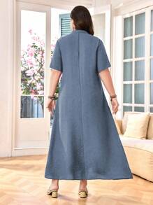 SHEIN Lacomfia Đầm thường ngày tay ngắn thêu cổ tương phản thanh lịch cỡ lớn cho nữ, thoải mái và tôn dáng khi đi làm - Màu xanh bụi bặm - Xem 2