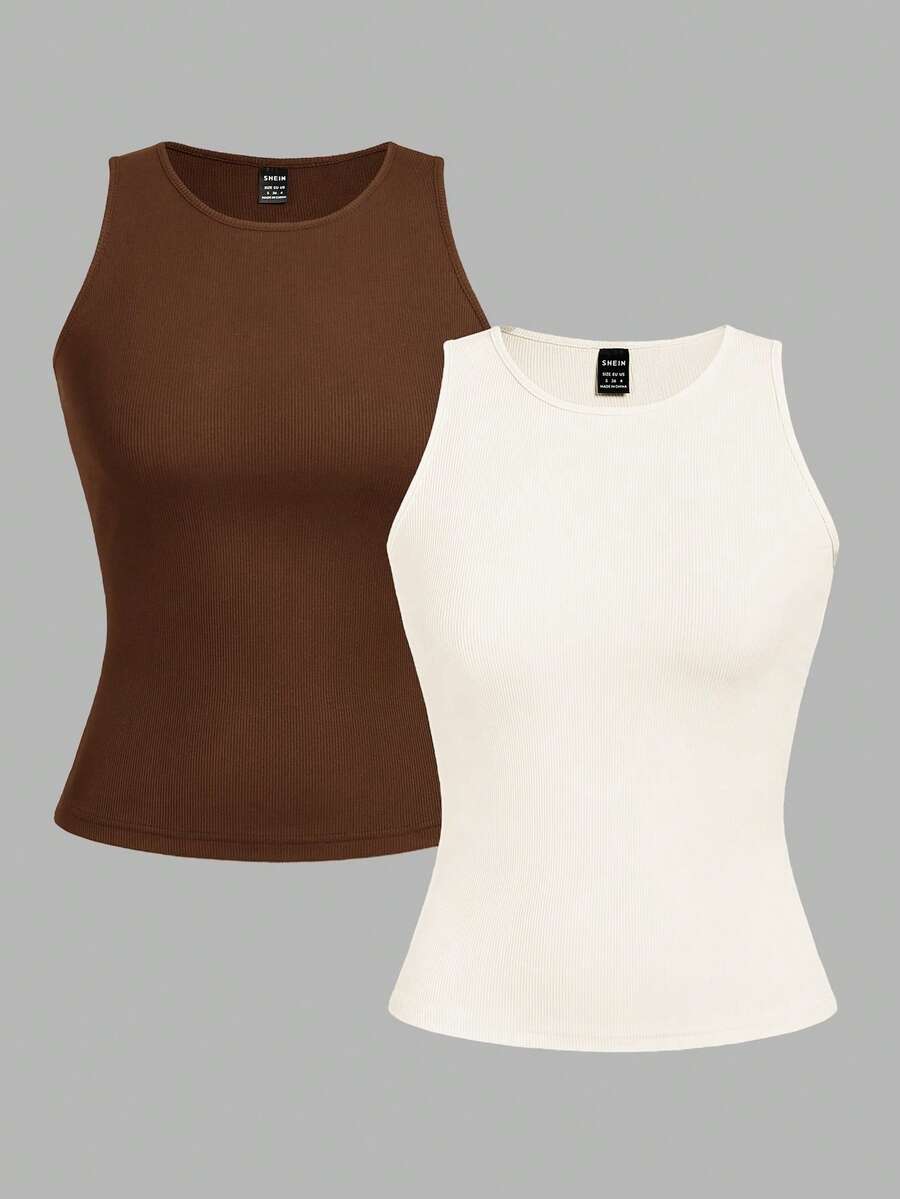 SHEIN EZwear 2 件套女士休闲性感短款紧身圆领吊带背心，适合夏季 - 彩色 - 查看 1