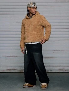 AXEPEAK Autumn/Winter Essential Fluffy Hooded Sweatshirt With Half Zip Design, Soft & Versatile - Brown - View 6