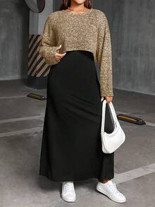 SHEIN Essnce 大码女装春秋季时尚休闲宽松舒适基础款日常灰色长袖露脐上衣和黑色马甲长裙两件套，春季服装，连衣裙套装，曲线套装，女士秋季服装 - 杏色 - 查看 5