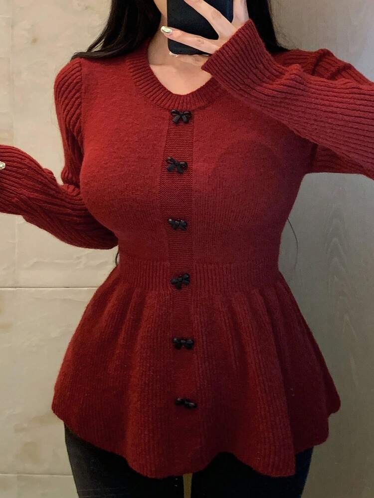 Women's Fitted Knit Sweater With 3D Bow Decor And Ruffle Hem, Berry Color, Suitable For Christmas, New Year, Autumn/Winter