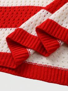 ROMWE MEN Prep 男士条纹字母刺绣宽松镂空针织衫，秋冬款，长袖上衣 - 紅色 - 查看 5