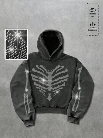 Goth Herren lässiger, weiter funkelnder Skelett-Diamant Hoodie Sweatshirt, Herbst