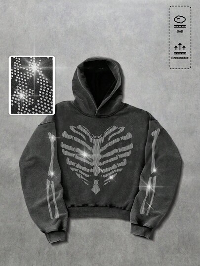 Goth Sudadera con capucha casual y holgada con diamantes brillantes en forma de esqueleto para hombre, otoño