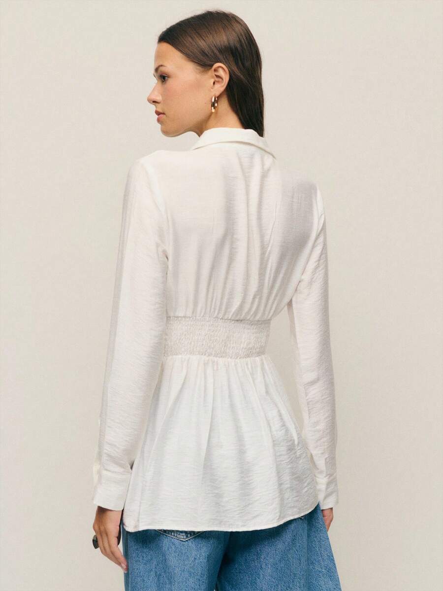Nöista White Elegant Long Sleeve Blouse,Autumn Office Work,Smock Stitching Detail Waist,Luxury Wedding Party Vacation Holiday Blouse - White - View 1