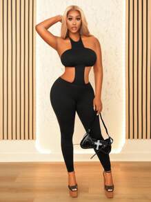 Mistrie Women's Sexy Backless Halter Neck Bodycon Jumpsuit, Summer - Black - View 3