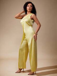 Vixey Solid Satin One Shoulder Wide Leg Sleeveless Jumpsuit - Yellow - View 5