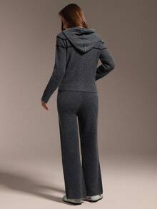 Hanevo 秋冬时尚条纹连帽针织开衫+针织裤套装 - 灰色 - 查看 2