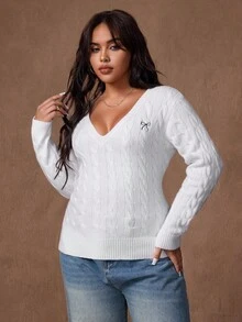 Rustia Plus Size Cute Casual Textured V-Neck Long Sleeve Sweater Fall Winter Cloth For Women Autumn - White - View 8