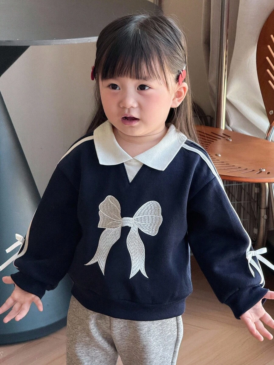 DAZY Baby Girl Contrast Color Collar Korean Style Bow Long Sleeve Sweatshirt Fall, Winter Toddler Girls Clothes - Navy Blue - View 1