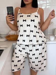 Napfluff CURVE Napfluff CURVE Plus Size Women Bow Print Camisole & 3/4 Pants Pajama Set Bow Pjs Two Piece Pajama Set - Apricot - View 7