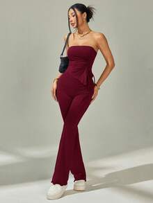 SHEIN PETITE 2 件套：褶饰抹胸上衣，不对称下摆，喇叭裤 - 酒紅色 - 查看 7