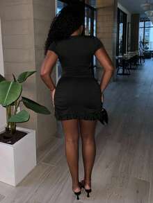 Alexandranx Đầm Bất đối xứng Cắt ra Xù Viên lá sen Trọn gói Thắt nơ trước màu trơn Gợi cảm - màu đen - Xem 2