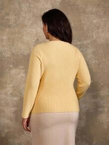 Flirla Plus Size Elegant Commuter Solid Color 3D Floral Decor Split Hem Sweater Fall Winter Cloth For Women Autumn - Yellow - View 2