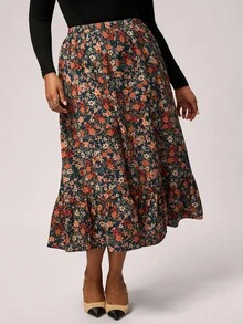 SHEIN Tall CURVE Plus Size Women Floral Ruffle Hem Skirt, Western Wear Women, Boho, Hippie, Cowgirl - Multicolor - View 4