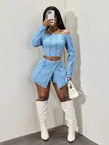 Slaydiva 女式露肩长袖钢柱印花短款修身牛仔上衣 - 藍色 - 查看 5