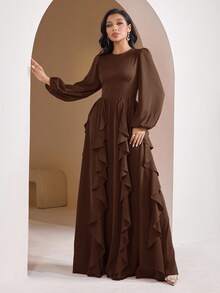 Veilorie Women's Solid Color Round Neck Lantern Sleeve Ruffle Hem Elegant Arabic Style Dress - Coffee Brown - View 4