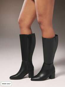 SHUZIA #WideCalfApproved 女式 3 英寸粗跟 PU 黑色及膝靴 - 时尚舒适，适合较宽的小腿，是自信、高雅外观的必备奢华单品。 - 黑色 - 查看 2