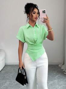 Elenzga 女士休闲通勤条纹系腰衬衫，夏季 - 綠色 - 查看 1