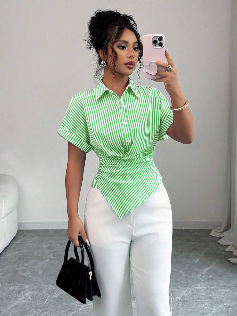 Elenzga 女士休闲通勤条纹系腰衬衫，夏季 - 綠色 - 查看 1