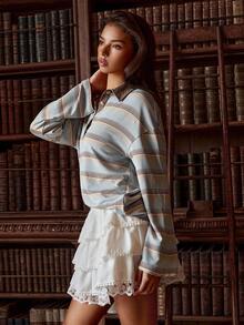 Athîral 女式条纹 Polo 领落肩长袖休闲宽松 T 恤 - 彩色 - 查看 6