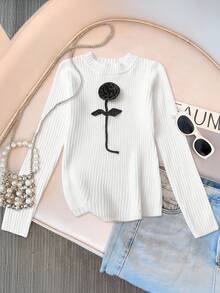 Franclia European And American New Blogger Same Style Round Neck Contrast Color 3D Rose Flower Ribbed Sweater Fall Winter For Elegant Fashionable Casual Commuting Business Office Daily Leisure All-Match Urban Teacher Professional Attire - Multicolor - View 7