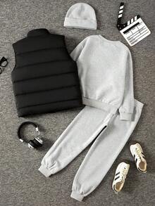 SHEIN 4 件套男童休闲运动服，包括连帽衫、背心、帽子、夹克，适合秋冬季休闲和校服 - 彩色 - 查看 2