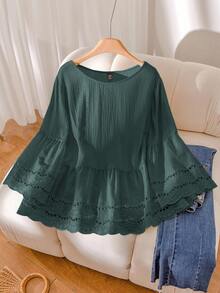 CosyJoli Plus Size Women Casual Apricot Hollow Floral Lace Patchwork Shirt, Suitable For Summer Vacation