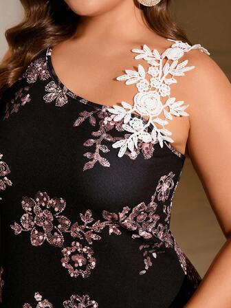 Gownix Vestido elegante sin mangas con estampado floral asimétrico en negro y blanco para tallas grandes, vestido floral para tallas grandes, vestido negro con lentejuelas para tallas grandes, vestido de un hombro para fiesta, vestido con detalles de encaje para tallas grandes