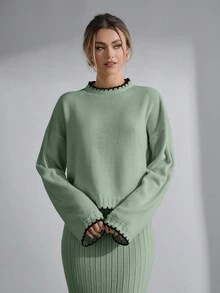 EURMUSE Conjunto de saia e suéter com detalhe de ponto preto em malha - Menta verde - Ver 5