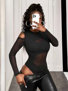 BamGleam 女士網格拼接露肩連體褲 - 黑色 - 查看 5