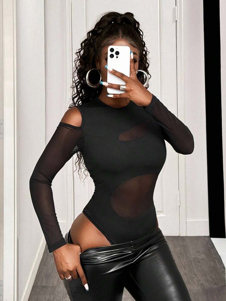 BamGleam Body Con Hombros Descubiertos Y Empalme De Malla Para Mujer - Negro - Añade 5