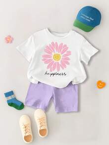 GraphicGems Baby Girl Short Sleeve Crew Neck T-Shirt And Solid Color Shorts 2 Pieces Set - Multicolor - View 1