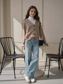 SHEIN 女童休闲百搭针织开衫，保暖舒适，适合叠穿，秋冬季校园穿着 - 駝色 - 查看 1