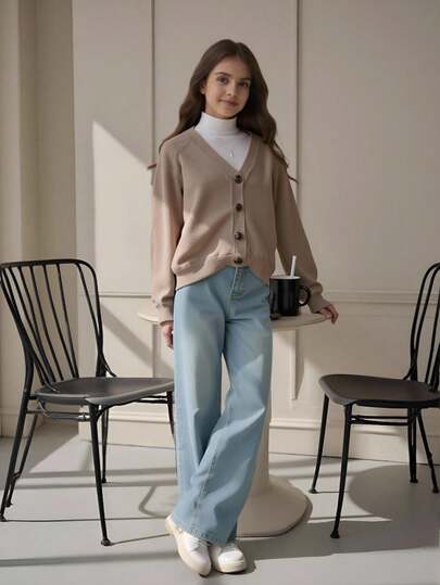 SHEIN كارديجان مريح وعملي مصنوع من الأقمشة المحبوكة، دافئ وملائم للارتداء على الطبقات، مناسب لارتداء المدرسة في فصلي الخريف والشتاء