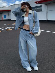 DAZY 女式休闲浅水洗蓝色翻领牛仔套装，秋季 - 藍色 - 查看 9