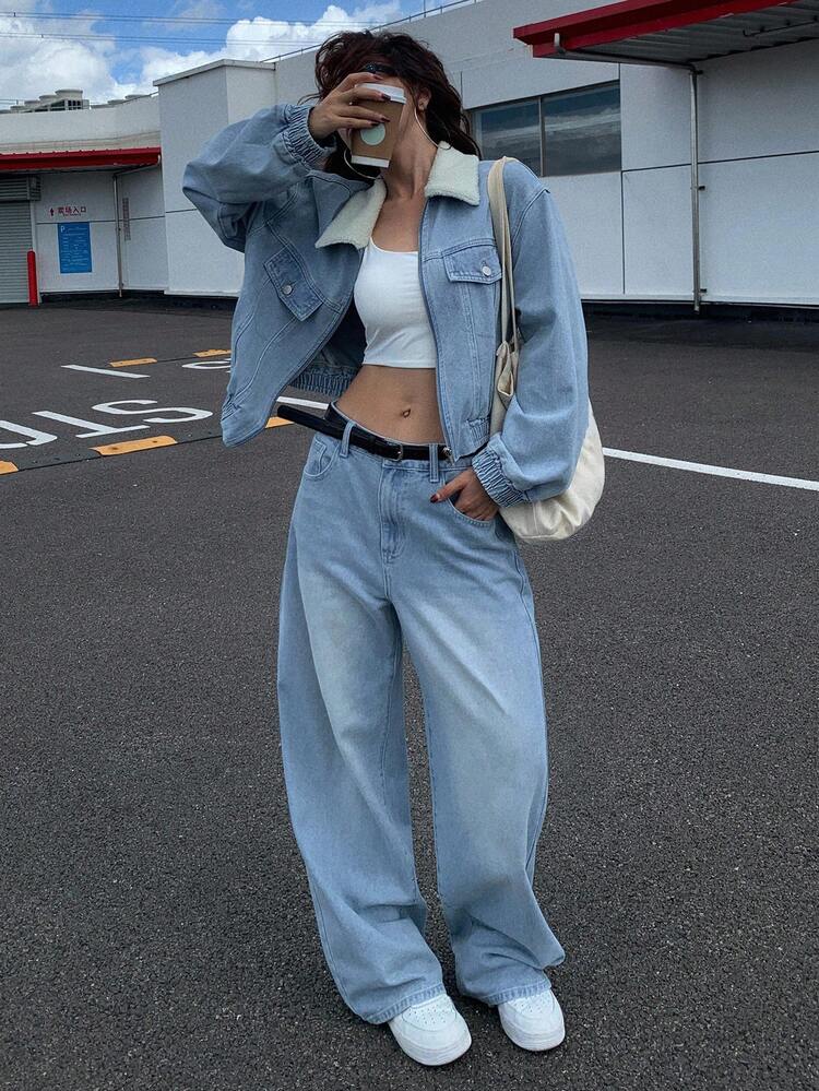 Women's Casual Light Washed Blue Denim Suit With Turndown Collar, Autumn