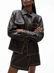 Aveloria GENKIRA 2pcs Brown Distressed Washed PU Leather Suit: Classic Collared Top With Symmetrical Chest Pockets & Asymmetric Hem Mini Skirt Fall Cloth For Women - Brown - View 6