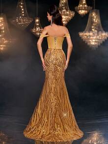 Glamrae Váy dạ hội sang trọng, đính ngọc trai và kim sa lấp lánh, trễ vai, tay loe, cổ xếp ly, viền đuôi cá, có thể điều chỉnh, phù hợp cho đám cưới, tiệc tùng, lễ tốt nghiệp và mọi dịp trang trọng - Rượu sâm banh - Xem 3