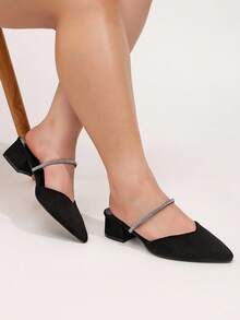 CUCCOO CURVES Plus Size Women's Pointed Toe High Heel Rhinestone Embellished T-Strap Fashion Dress Pumps - Black - View 5
