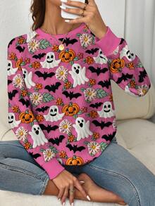EMERY ROSE Plus Size Ghost, Pumpkin & Bat Print Raglan Sleeve Sweatshirt For Halloween Fall Cloth For Women Winter Autumn - Multicolor - View 5
