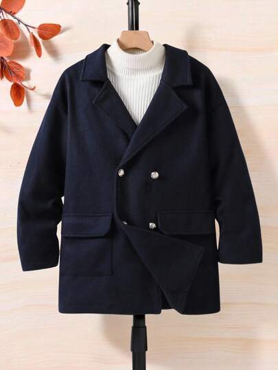 1pc Boys' Wool Solid Navy Blue Comfortable Jacket Coat, Suitable For Travel, Daily Wear, Autumn/Winter, Mid-Length Fall